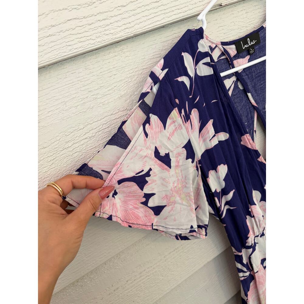 Lulus Navy Blue & Blush Floral Wrap Maxi Dress – Size Large - Picture 7 of 9